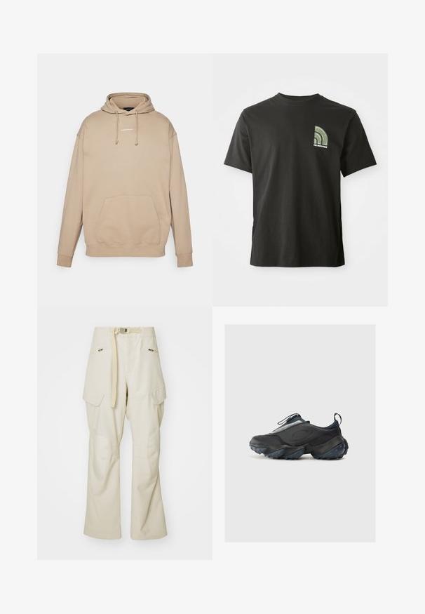 Beige hoodie with a kangaroo pocket, drawstrings, and white logo on the chest. Soft cotton material with ribbed cuffs and hem.; Black short-sleeve crew neck t-shirt with a small green and white quarter-circle logo and "The North Face" text on the left chest.; Beige cargo pants with a wide leg, belted waist, two side pockets, and knee patches. Smooth texture with reinforced stitching details.; Black athletic shoes with a sleek design, featuring a textured upper, gray accents, and a chunky outsole with blue traction nubs.
