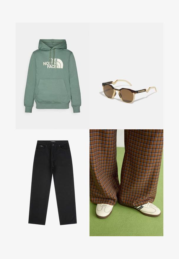 Πράσινο φούτερ με κουκούλα φτιαγμένο από μαλακό ύφασμα, διαθέτει μπροστινή τσέπη και ένα έντονο λευκό λογότυπο, με ριμπ μανσέτες και στρίφωμα.; Μαύρες τζιν παντελόνες με ίσια γραμμή, εσωτερικό κουμπί και φερμουάρ, θηλιές ζώνης και σχέδιο πέντε τσεπών, απλωμένες επίπεδα σε λευκό φόντο.; Καφέ και μπλε καρό παντελόνια με φαρδιά πόδια, σε συνδυασμό με λευκά παπούτσια που έχουν μαύρες λεπτομέρειες και υφασμάτινες σόλες, τοποθετημένα σε πράσινο φόντο.; Καφέ, στρογγυλά γυαλιά ηλίου με καβουροειδές και διαφανές ανοιχτό κίτρινο σκελετό, διαγώνιους βραχίονες και υφασμάτινη λεπτομέρεια στους κροτάφους.