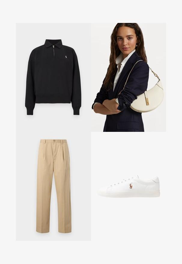 Czarny pulower z półzamkiem, kołnierzem, długimi rękawami i ściągaczami. Z przodu po lewej stronie małe białe logo.; Zielono-biała koszula w paski z długim rękawem, kołnierzykiem, zapięciem na guziki i małym logo na piersi. Wykonana z bawełny, o teksturowanym wykończeniu.; Beżowe spodnie o prostych nogawkach z szlufkami na pasek, z przodu guzik, zapięcie na zamek oraz plisami w talii, prezentowane na jednolitym tle.; Białe skórzane sneakersy, niskoprofilowy design, charakteryzujące się gładką fakturą, okrągłym noskiem, sznurowanym przodem i małym haftowanym logo z boku.; Biała skórzana torebka o zakrzywionym kształcie, ze złotymi akcentami i strukturalnym wykończeniem, noszona na ciemnej marynarce i białej koszuli.