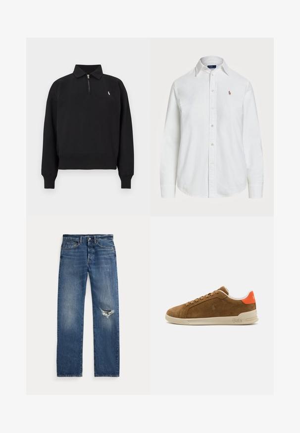 Felpa nera con mezza zip, collo, maniche lunghe e polsini a costine. Presenta un piccolo logo bianco sul petto a sinistra.; Camicia bianca a maniche lunghe in cotone, con colletto classico e un piccolo logo ricamato sul petto. Tessuto strutturato.; Jeans in denim blu con vita a media altezza, cinque tasche e un strappo sfilacciato sul ginocchio destro.; Sneaker in suede marrone con suola in gomma crema, caratterizzata da accenti arancioni nel tallone e un piccolo dettaglio del logo sul lato.