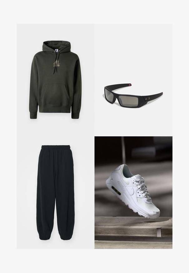 Temnozeleni kapucar z kenguru žepom, nastavljivim kapućem i malim zlatnim grafikonom na grudima. Mehak material z rebrastimi manžetami.; Črne, elastične hlače za prosti čas z ohlapnim krojem, manšetami na gležnjih, gladko teksturo in brez vidnih vzorcev ali dodatkov.; Bela Nike Air Max 90 športna obutev z mrežastim in usnjenim zgornjim delom, perforiranim prstnim delom in vidno zračno enoto v peti.; Crne sončne naočale s mat površinom, pravokutne leće, blagi luk na sljepilima, diskretna oznaka i leće sa dimnim nijansama.