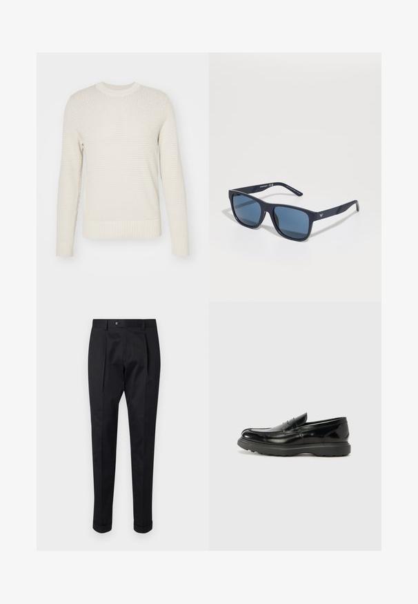 J.LINDEBERG OLIVER STRUCTURE - Pullover - moonbeam; Pantalons noirs en tissu lisse, avec un pli à l'avant, une fermeture à bouton et des ourlets roulés à la cheville.; Mocassin en cuir noir avec une finition brillante, bout arrondi, détails de couture subtils et semelle en caoutchouc épaisse pour la durabilité.; Lunettes de soleil rectangulaires bleues avec verres foncés, monture mate marine, détail de logo sur la branche, branches droites et texture lisse et uniforme.