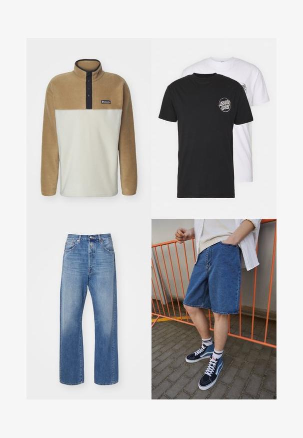 Columbia STEENS MOUNTAIN™ HALF SNAP - Flīsa džemperis - dark stone/delta/black; Divas divu t-kreklu komplekts: viens melns, otrs balts. Abiem ir īsas piedurknes un apļa logo uz krūtīm kontrastējošā krāsā. Kokvilnas materiāls.; Gai zili zili džinsi ar taisnu kāju griezumu, ar pogām, piecām kabatām un nelielu izbalēšanu uz auduma.; Zilas džinsu šorts, līdz ceļiem, ar priekšējo kabatu. Apvienoti ar tumši ziliem augstiem sporta apaviem, kam ir baltas auklas un svītrainas zeķes.