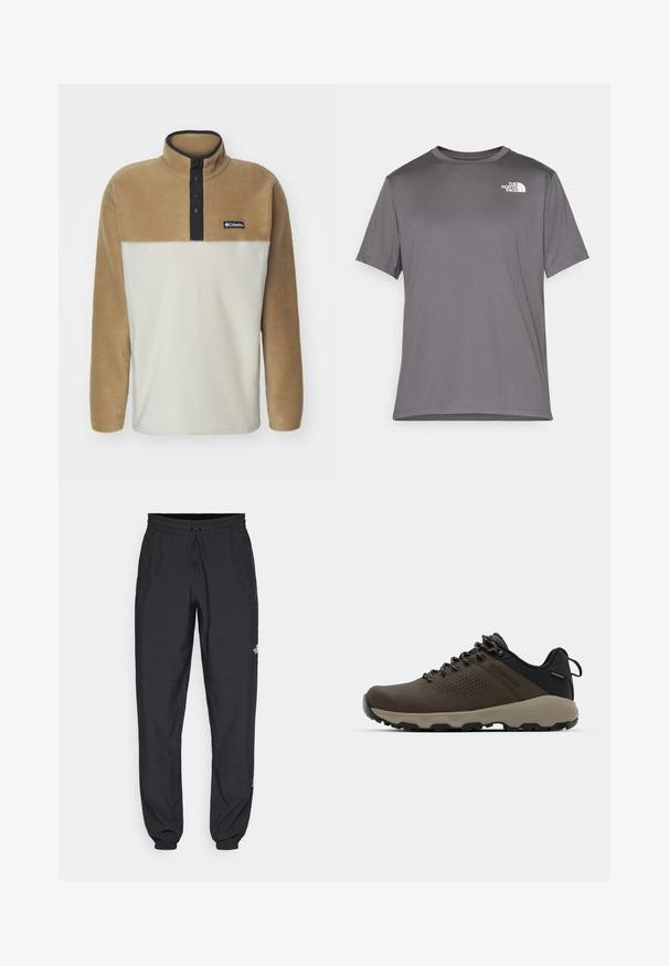 Columbia STEENS MOUNTAIN™ HALF SNAP - Fleece jumper - dark stone/delta/black; Gray short-sleeve athletic t-shirt made of smooth, lightweight fabric. Features a white logo on the left chest area. Round neck design.; Black athletic pants made from lightweight fabric, featuring a drawstring waistband, side pockets, and tapered cuffs at the ankles.; Brown waterproof sneakers with a textured upper, perforated accents, black heel support, and a grey rubber sole. Laces are styled with metallic ends.