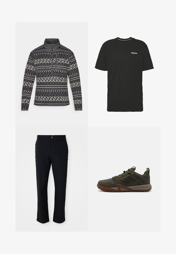 Juodai baltas raštuotas pūkuotas megztinis su ketvirčio užtrauktuku, su krūtine kišene ir tekstūruotu paviršiumi. Priekyje yra prekės ženklo logotipas.; Juodas medvilninis marškinėlis su trumpomis rankovėmis, apvaliu kaklu ir mažuoju baltu "Patagonia" logotipu ant krūtinės. Paprastas, nepuošnus dizainas.; Juodi keliniai su sagos užsegimu, tiesių kojų dizainu, lygiu paviršiumi ir šoninėmis kišenėmis, tinkami įvairioms progoms.; Tamsiai žali žygio batai su tekstūruotu paviršiumi, perforuota nosimi, guminėmis padangomis ir kontrastingomis rudos spalvos detalėmis. Šone yra logotipas.