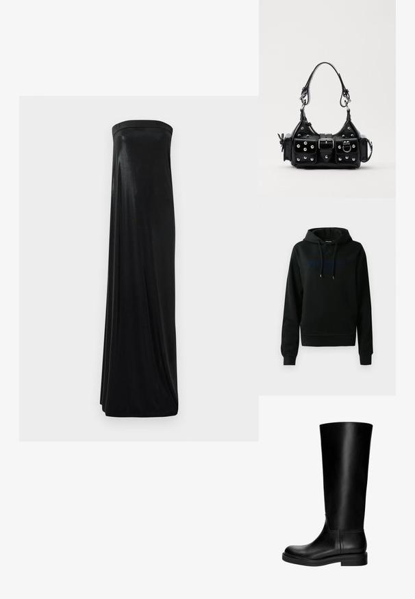Schwarze Kapuzenjacke aus Baumwollmischung; mit einem Frontlogo in Dunkelblau, Kordelzugkapuze und gerippten Bündchen und Saum. Glatte Textur.; Schwarzes, trägerloses Maxikleid aus glattem, glänzendem Stoff. Es hat ein figurbetontes Oberteil und eine fließende Silhouette, die den Boden erreicht, ohne Verzierungen.; Schwarze Leder-Kniefallstiefel mit glatter Textur, abgerundetem Zeh, schlichter Gestaltung und niedrigem Blockabsatz. Keine sichtbare Hardware oder Muster.; Schwarze Lederhandtasche mit einem geschwungenen Design, verziert mit silbernen Nieten, einer Schnalle und zwei seitlichen Taschen. Verstellbarer Träger für verschiedene Tragemöglichkeiten.