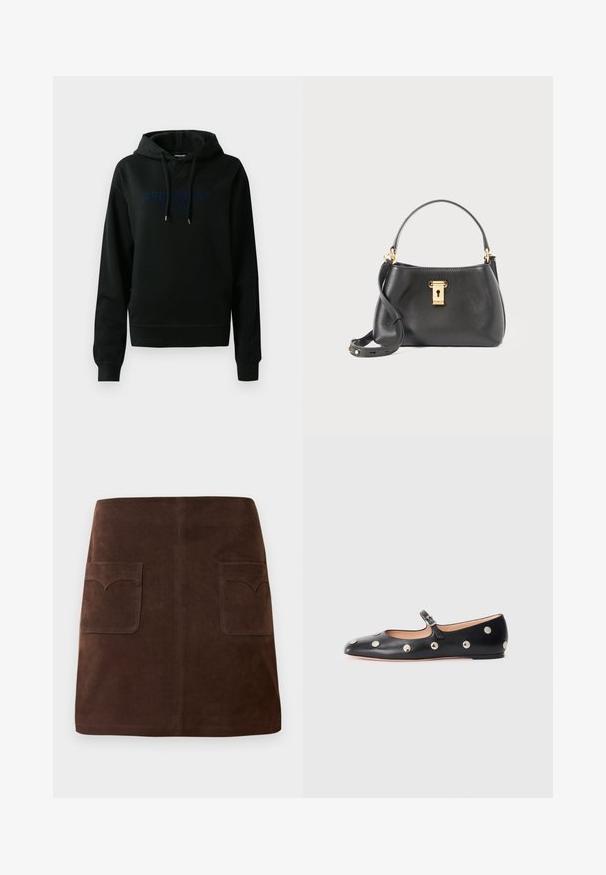 Sweat à capuche noir en mélange de coton ; présente un logo frontal en bleu foncé, une capuche avec cordon de serrage et des poignets et un ourlet côtelés. Texture lisse.; Jupe en suède marron présentant une silhouette A-line classique, deux poches avant avec des rabats arrondis et des détails de couture discrets.; Chaussure plate en cuir noir type Mary Jane avec un bout arrondi, ornée de clous ronds en argent et dotée d'une sangle réglable avec une boucle.; Sac à main en cuir noir avec une finition texturée, présentant une fermeture à verrou doré, une courte poignée et une bandoulière détachable.