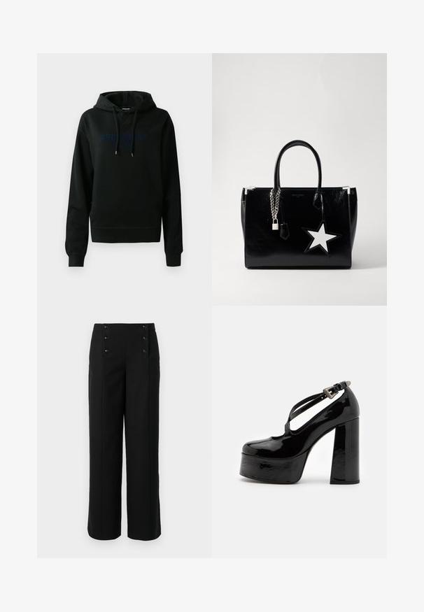 Felpa nera con cappuccio in cotone misto; presenta un logo frontale in blu scuro, cappuccio con cordino e polsini e orlo a coste. Texture liscia.; Pantaloni neri a gamba larga realizzati in tessuto morbido, con vita alta e cinque bottoni frontali per la chiusura. Design elegante e sartoriale.; The Kooples CHAUSSURES - Decolleté - black; Borsa a tracolla in pelle verniciata nera con una forma elegante. Presenta accessori in metallo argentato, un lucchetto e un accento a forma di stella bianca sul lato.
