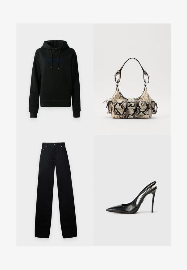 Crna kapuljača izrađena od mješavine pamuka; sadrži prednji logotip u tamnoplavoj boji, kapuljaču s uzicom, te rebraste manžete i donji rub. Glatka tekstura.; Crne hlače širih nogavica od pamuka, s patentnim zatvaračem, dva prednja džepa i klasičnim dizajnom s pet džepova s metalnim detaljima.; Crni slingback pumps s šiljastim vrhom, teksturiranim uzorkom zmijske kože, štiklom i dekorativnom kopčom na trakici.; Pythonprint torbica u bež i crnoj boji, s naglašenim oblikom, detaljem kopče i dvostrukim naramenicama. Teksturirana površina.