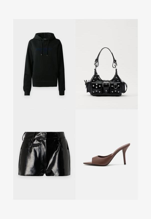 Črna kapuca iz mešanice bombaža; ima sprednji logotip v temno modri barvi, kapuco s vrvicami ter rebraste manšete in spodnji del. Gladka tekstura.; Črne, sijoče kratke hlače iz sintetičnega materiala. Imajo prilegajoč pas, zanke za pas in sprednje žepe z izrazitimi šivi.; Rjave usnjene mule z odprtim prstom in visokim peto, s športnim dizajnom, ki vključuje širok sprednji trak in tanek stiletto peto.; Črna usnjena torbica s ukrivljenim dizajnom, ki vsebuje srebrne žebljičke, zaponko in dve stranski žepki. Nastavljiv trak za različne možnosti nošenja.