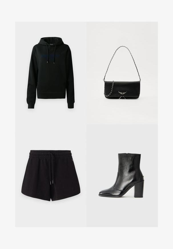 Melna kapuci izgatavota no kokvilnas maisījuma; ar tumši zilu logotipu priekšpusē, ar aukliņu kapuci un ribotiem piedurknēm un apakšmalu. Gluda tekstūra.; Melnas sporta bikses, kas izgatavotas no mīkstas auduma. Iezīmēts ar elastīgu jostasvietu ar auklu, sānu kabatām un brīvu piegriezumu.; Melnas ādas potīšu zābaki ar gludu tekstūru, smailu purngalu un masīlu augstu papēdi. Iekļauts sānu atvērums un minimālistisks dizains.; Melnas ādas rokassomā ar sudraba ķēdes siksnu, kurai ir dekoratīvi spārnu akcenti un baltā šuvēšana apakšējā šuvē.