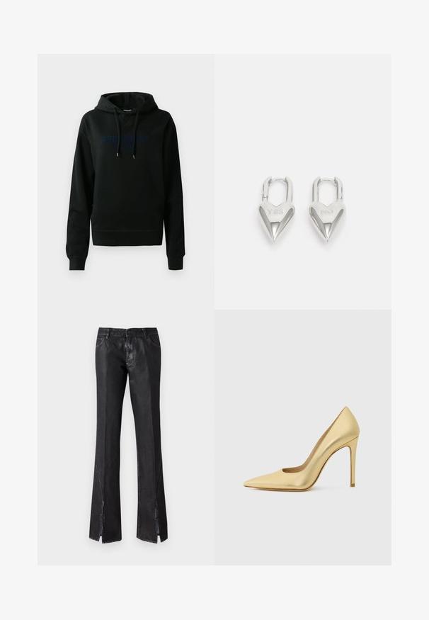 Musta huppari puuvillasekoitteesta; siinä on tummansinisellä etulogo, nyörinhuppu sekä ribbireunat hihoissa ja helmassa. Liukas pinta.; Musta levenevat housut kiiltävällä pinnalla, joissa on kaksi etutaskua ja halkiot helman lähellä, valmistettu kestävästä kankaasta.; Kultaiset metalliset korkokengät, joissa on kärkikorko ja stiletto-korko, kuvattuna sivulta yksinkertaisella vaalealla taustalla.; Hopeakuvioiset sydämen muotoiset rakkaussulkeet, joissa on kaiverrettu "KYLLÄ" ja "EI" -tekstit, kiiltävä pinta, symmetrinen muotoilu ja kestävä metalliovi.