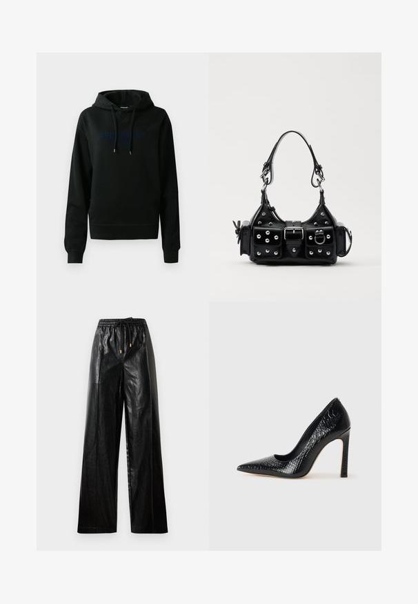 Felpa nera con cappuccio in cotone misto; presenta un logo frontale in blu scuro, cappuccio con cordino e polsini e orlo a coste. Texture liscia.; Pantaloni ampi in pelle nera con cintura elastica, cordoncino e accenti in metallo dorato. Texture liscia e vestibilità ampia.; Scarpa nera con punta a punta alta in pelle di coccodrillo, caratterizzata da un design elegante, alto tacco a spillo e interno nero liscio.; Borsa a mano in pelle nera con design curvo, caratterizzata da borchie argentate, una fibbia e due tasche laterali. Tracolla regolabile per diverse opzioni di trasporto.