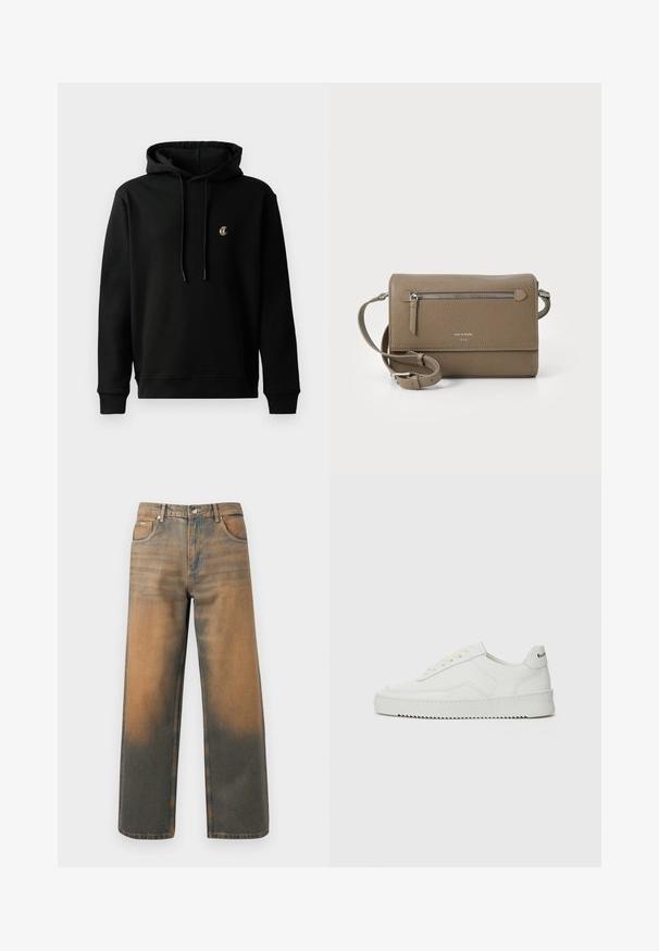 Zwarte hoodie van een katoenmix, met een voorste kangoeroezak, trekkoordcapuchon en een klein geborduurd logo op de borst.; Wijd-uitlopende jeans in verouderd blauw en bruin denim. Heeft een hoge taille, voorzakken en een klassieke knoopsluiting met metalen accenten.; Witte leren sneaker met een gladde afwerking, ronde neus, platte veters en een gestructureerde zool. Kenmerkt zich door een subtiel logo op de hiel.; Taupe leren schoudertas met een ritsvak aan de voorkant, verstelbare band, geribbeld textuur en een verdiept logo aan de voorkant.