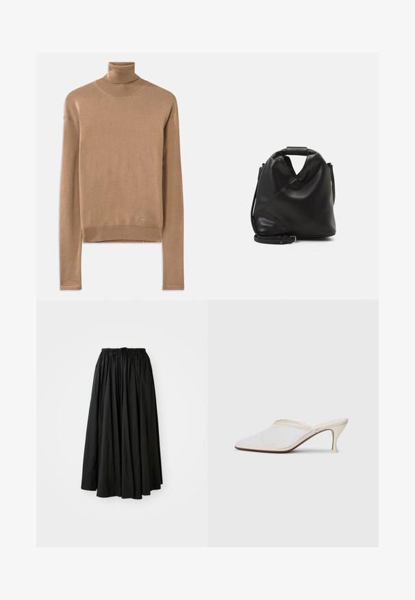 Bežový pletený rolák s dlhými rukávmi, rebrovaným golierom a lemom, s jemným vyšitým logom blízko spodnej časti.; Čierna sukňa do členkov vyrobená z ľahkého materiálu. Má zhromaždený pás s šnúrkou pre nastaviteľné prispôsobenie a rozšírený strih.; Biele sieťované lodičky s špicatou špičkou, s úzkym stredne vysokým podpätkom a bez zapínania, na jednobodovom pozadí.; Čierna, mäkká kožená taška s jedinečným zavinutým dizajnom. Disponuje krátkym uškom a odnímateľným ramenným popruhom. Minimalistický štýl.