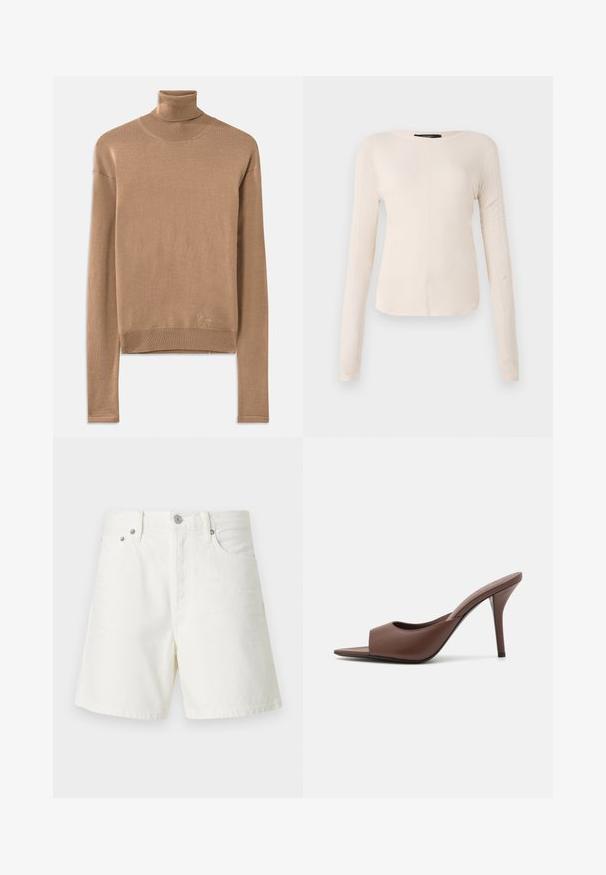 Pull en maille beige à col roulé avec des manches longues, un col et un ourlet côtelés, et un petit logo brodé près du bas.; Haut à manches longues, beige clair avec un col rond. Fait dans un tissu doux, il présente une couture centrale et un ourlet légèrement courbé. Pas de métal visible.; Shorts en denim blanc avec une coupe droite, un design à cinq poches, une fermeture à bouton à l'avant, des détails en métal argenté et des coutures décoratives.; Mules à talons hauts ouverts en cuir marron avec un design épuré, dotés d'une large sangle avant et d'un talon aiguille élancé.