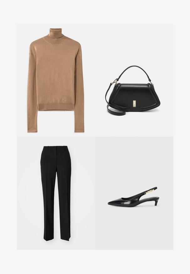 Bežna pletena turtleneck pulover s dolgimi rokavi, rebrastim ovratnikom in robom ter diskretno izvezenim logotipom pri dnu.; Črne krojene hlače s direktnim krojem, ki se ponašajo z gladko teksturo in ostrimi pregibi spredaj. Ni vidne kovine.; Črne usnjene sandale na peto z ostro konico, ki imajo tanko peto in zlat ton na nastavljivem traku. Gladka tekstura.; Črna usnjena torbica s strukturnim dizajnom, ki ima skrajšano obliko, zgornji ročaj in zlate dodatke. Vključena je nastavljiva ramenska naramnica.