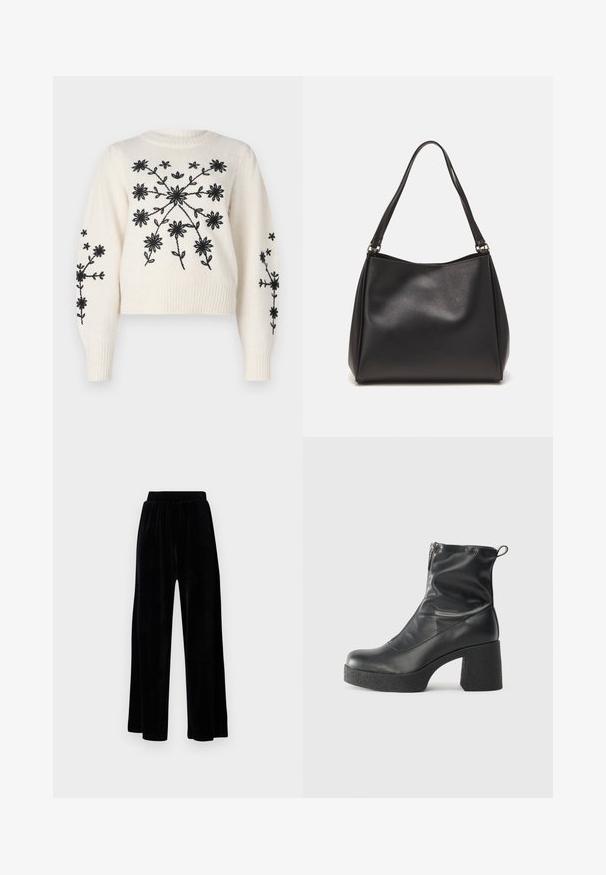 Cream sweater with black floral embroidery, featuring a round neckline and ribbed cuffs. Design includes floral patterns on the front and sleeves.; Black wide-leg trousers made of soft velvet, featuring an elastic waistband and a smooth texture, with no visible detailing or patterns.; Black ankle boots made of smooth leather, featuring a side zipper, chunky textured heel, and rounded toe design.; Black synthetic leather handbag with a soft texture, hobo shape, and dual shoulder straps; features a glossy finish and minimalistic design.