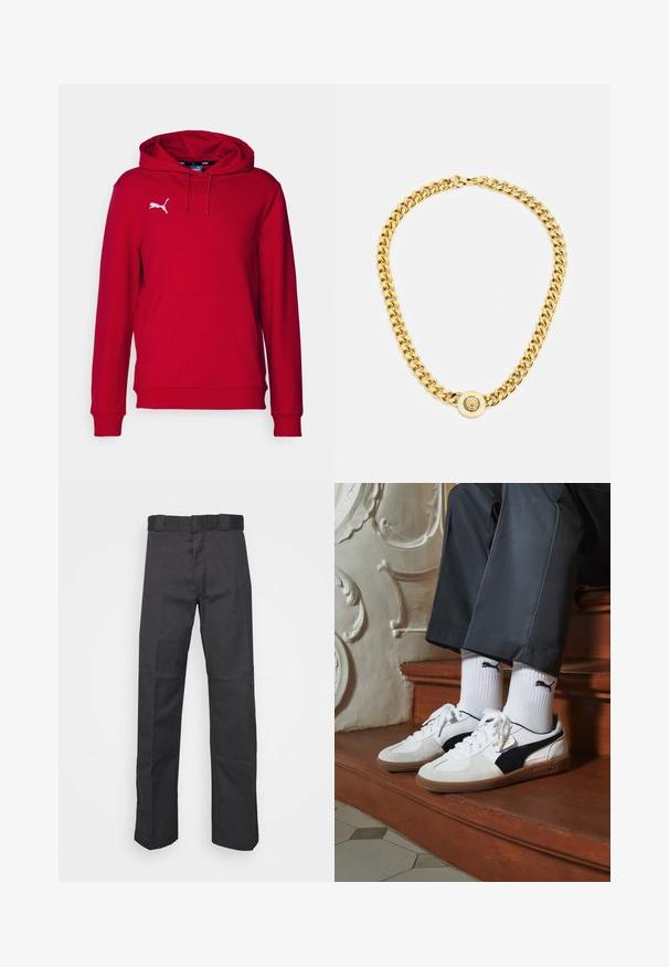 Felpa con cappuccio rossa realizzata in tessuto misto cotone. Caratterizzata da un logo bianco sul petto a sinistra, tasca a marsupio e polsini e bordo a coste.; Pantaloni neri realizzati in tessuto resistente, con un design a gamba dritta, una cintura con passanti per la cintura e cuciture per una maggiore texture.; Sneakers Puma in suede bianco e nero, con suola in gomma marrone. Abbinati a calzini bianchi con logo nero, indossati con pantaloni scuri.; Collana in oro con grandi anelli intrecciati, caratterizzata da un dettaglio pendente circolare al centro con un emblema in rilievo.