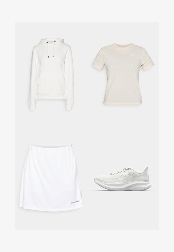 Peak Performance ORIGINAL SMALL LOGO - Kapuutsiga pusa - offwhite; Helebeežis lühikeste varrukatega T-särk, ümmarguse kaelusega ja белый треугольный логотип на груди. Pehme kangas sujuva tekstuuriga.; Valge sportlik seelik sileda tekstuuriga, laia kummiga ja logo alumises paremas nurgas. Omab mugavat laia lõiget.; Valged spordijalatsid, millel on tekstuuriga pealisosa, nööriga disain ja pehme tallaga, millel on lainekujuline profiil. Ainulaadne brändimine külgedel.
