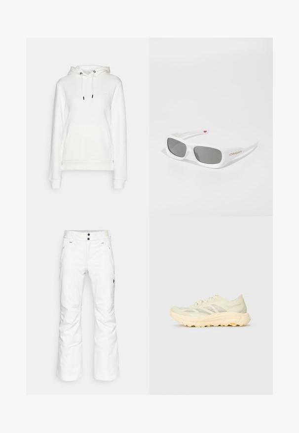 Peak Performance - Bluza z kapturem; Białe spodnie narciarskie z prostą nogawką, dwiema przednimi kieszeniami i dwoma czarnymi guzikami. Teksturowana tkanina z czarnymi detalami brandingu.; Jasno beżowy sportowy sneaker z przezroczystą cholewką, grubą wyściełaną podeszwą, bocznymi sznurowadłami oraz logo Vibram na zewnętrznej podeszwie.; Białe prostokątne okulary przeciwsłoneczne Oakley z ciemnymi soczewkami leżące na białej powierzchni, logo widoczne z boku.