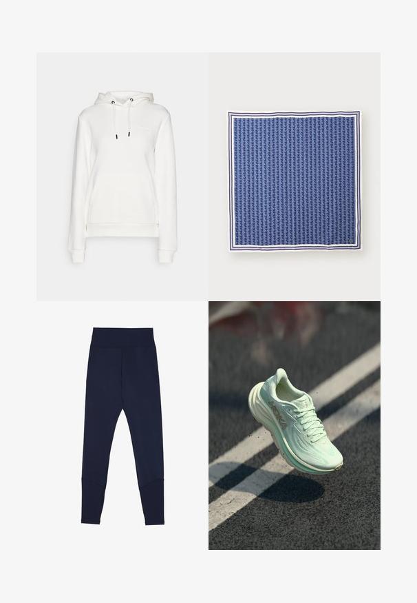 Peak Performance ORIGINAL SMALL LOGO - Mikina s kapucí - offwhite; Námořnické modré legíny vyrobené z elastického materiálu, s širokým elastickým pasem, kontrastním šitím a zúženým střihem u kotníků.; Běžecká obuv HOKA v světle mátově zelené barvě, s texturovaným síťovaným svrškem, kulatou špičkou, polstrovanou podrážkou a výrazným logem na boku.; Námořnicky modrý hedvábný čtvercový šátek s geometrickým vzorem, orámovaný bílými a tmavě modrými pruhy. Logo v pravém dolním rohu.
