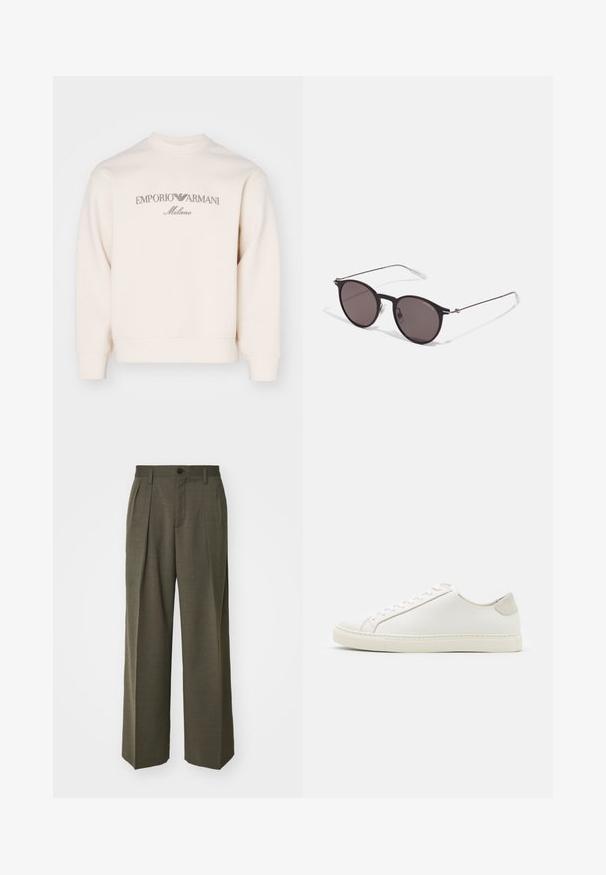 Felpa leggera color beige chiaro con scollo rotondo, con logo con marchio grigio "EMPORIO ARMANI Milano" sul petto. Tessuto in misto cotone.; T-shirt in cotone nero con scollatura rotonda, maniche corte e logo "EMPORIO ARMANI" in bianco sopra "Milano" in una disposizione curva.; Filippa K WIDE TROUSERS - Pantaloni - driftwood; Sneaker bianca in pelle con superficie liscia, punta rotonda e design minimalista. Presenta dettagli beige sul tallone e una suola in gomma.; Occhiali da sole neri rotondi con lenti scure e sottili bracci in metallo. Include punte trasparenti e accenti argentati alla cerniera. Design minimalista.