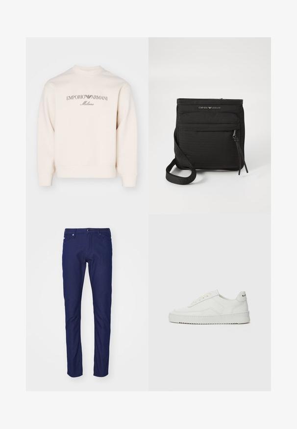 Světle béžová mikina s kulatým výstřihem, se šedým značkovým logem "EMPORIO ARMANI Milano" na hrudi. Materiál směs bavlny.; Tmavě modré slim-fit džíny vyrobené z denimu, s knoflíkovým zapínáním, pěti kapsovými designem a jemnou strukturou se hladkým povrchem.; Bílé kožené tenisky s hladkým povrchem, kulatou špičkou, plochými tkaničkami a texturovanou podrážkou. Na patě se nachází nenápadné logo.; Černá crossbody taška Emporio Armani s přední zipovou kapsou, nastavitelným popruhem a logem na texturované tkanině.