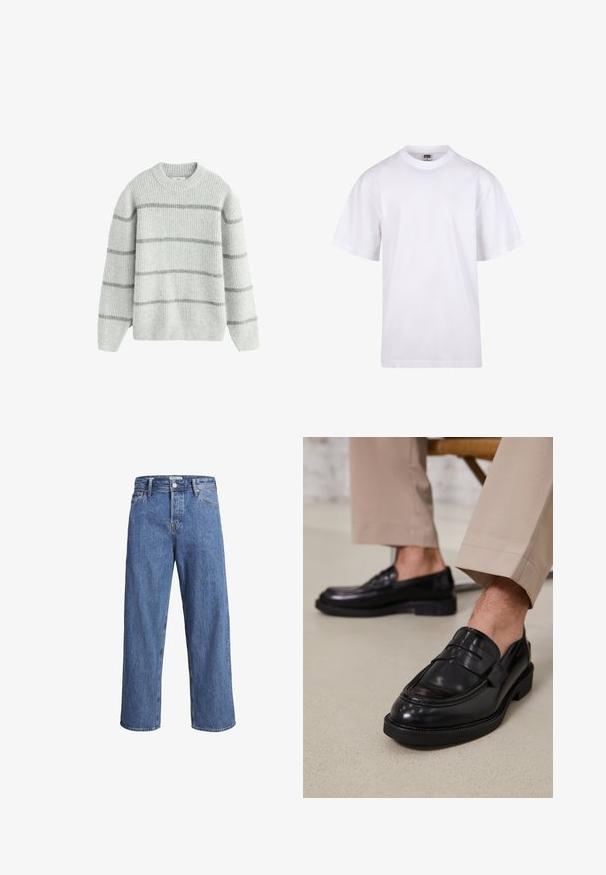 Szary sweter w paski, wykonany z miękkiego, teksturowanego materiału. Posiada okrągły dekolt oraz długie rękawy z jasnoszarymi i ciemnoszarymi poziomymi paskami.; Biała bawełniana koszulka z okrągłym dekoltem, krótkimi rękawami i luźnym krojem. Posiada prosty design bez wzorów czy akcentów.; Jasnoniebieskie dżinsy o prostym kroju, wysokim stanie i minimalnych detalach szycia. Materiał ma miękką, lekko wyblakłą teksturę.; Czarne skórzane mokasyny o gładkim wykończeniu, z dekoracyjnym paskiem i kontrastowym szwem, w połączeniu z beżowymi spodniami.
