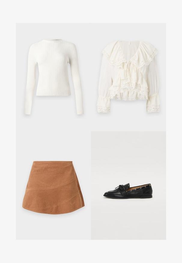 White ribbed knit long-sleeve crew neck sweater with a slim fit and straight hem, displayed on a plain background.; White blouse featuring a layered, ruffled design, lace trim on sleeves and hem, and a V-neckline with a drawstring closure.; Brown corduroy mini skirt with a flared design, featuring a smooth texture and subtle vertical lines from the fabric's ribbed pattern.; Black leather loafers with a tied bow, featuring gold eyelet accents along the sides and a flat rubber sole. Smooth texture, classic design.