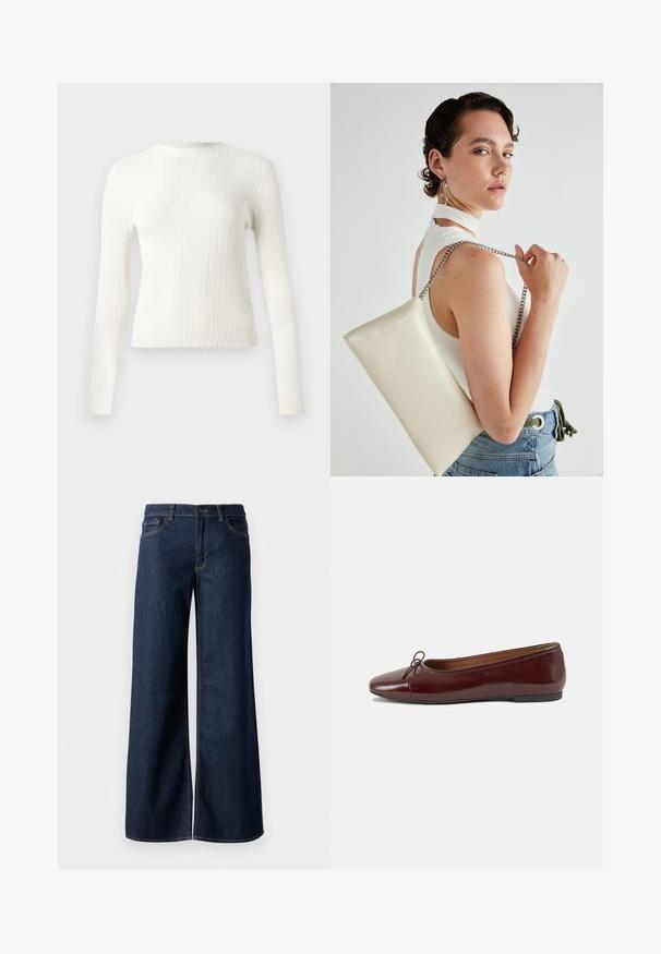 Pulover alb din tricot cu model canelat, cu mâneci lungi, guler rotund, croială ajustată și tiv drept, prezentat pe un fundal neutru.; Jeanși cu picioare largi din denim albastru închis. Prezintă cusături contrastante, cinci buzunare și o închidere cu nasture la talie. Textură netedă.; Balerini din piele patent burgund cu vârful rotund, accent de fundiță mică în față și talpă joasă din cauciuc negru. Textură netedă.; Geantă de clutch rectangulară albă, realizată dintr-un material lucios, având o curea de lanț argintie. Modelul pozează, evidențiind geanta pe un fundal simplu.
