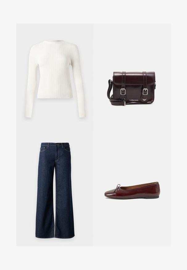 Weißer gerippter Strickpullover mit langen Ärmeln und Rundhalsausschnitt, in schmaler Passform und geradem Saum, auf einem einfarbigen Hintergrund präsentiert.; Weite Jeans in dunkelblauem Denim. Merkmale sind kontrastierende Nähte, fünf Taschen und ein Knopfverschluss an der Taille. Glatte Textur.; Burgunderfarbenes, lackiertes Ballettschuh mit abgerundetem Zehenbereich, kleiner Schleifenakzent vorne und einer niedrigen, schwarzen Gummisohle. Glatte Textur.; Burgunderfarbene Patelleder-Crossbody-Tasche mit rechteckiger Form, zwei Riemen, silberfarbener Hardware und einem Klappenverschluss.