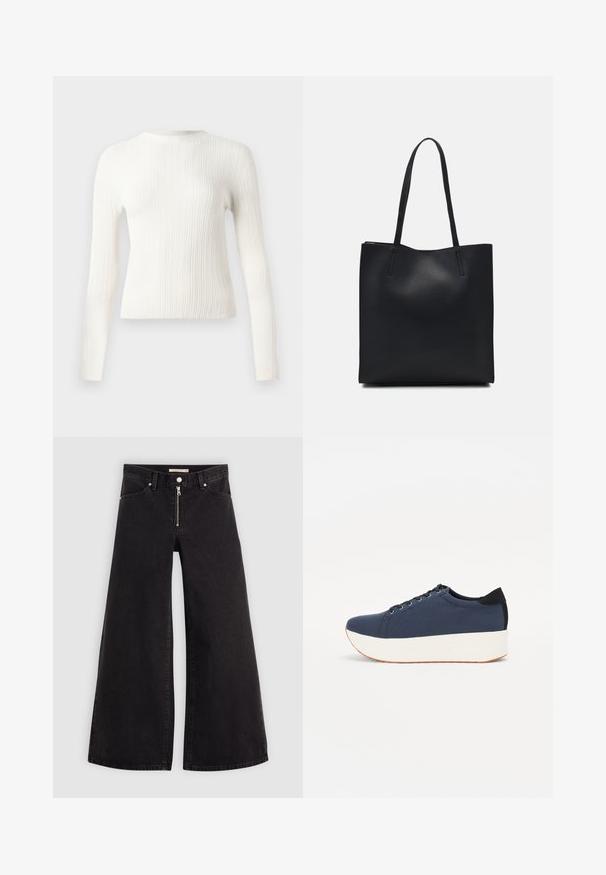 Valkoinen raidoitettu neulottu pitkähihainen pyöreäkauluksinen neulepaita, jossa on kapea fit ja suora helma, esitelty pelkällä taustalla.; Mustat leveälahkeiset farkut, joissa on vetoketjufrunti, viisi-taskuinen muotoilu ja hienovaraiset ompelusyyt. Sileä pinta ja rento tyyli.; Sotilaspunainen tennari, jossa on teksturoitu kangasyläosa, valkoinen alustan pohja, pyöreä kärki ja musta kantapääkorostus. Varustettu kuudella nyörille tarkoitetulla reikällä.; Mustapahkainen kangaskassi, jossa on sileä pinta, suorakaiteen muotoinen ja kaksi pitkää kahvaa. Ei näkyvää metalliosaa tai koristeita.