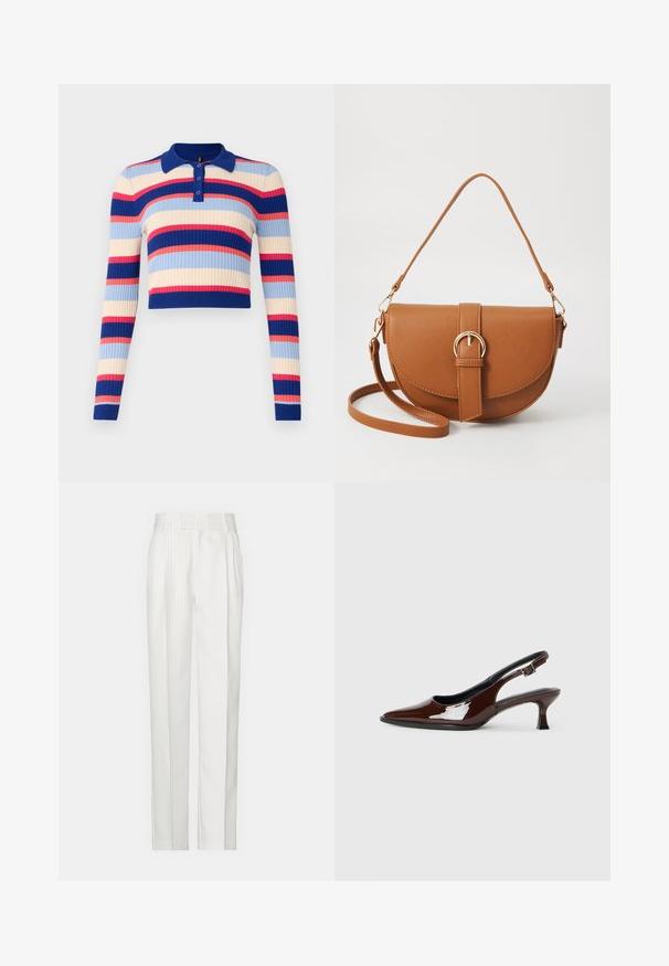 Ribaga, lühikese lõikega polo-sveater, millel on pikad varrukad ja horisontaalsed triibud sinises, kreemjas, roosas ja punases. Kaeluses on neli nööpi.; Valged triibulised püksid, sirgete jalgade disainiga, valmistatud kergest kangast. Ees on voldid ja traditsiooniline talje.; Pruun patentnahast slingback tossud terava nina ja mõõduka kandega. Omab pandla rihma kindla istuvuse tagamiseks. Sile tekstuur.; Pruun nahast õlakott, millel on kumer kuju, kullavärvi riistvara ja pandlaga kaunistus. Omab eemaldatavat õlarihma.