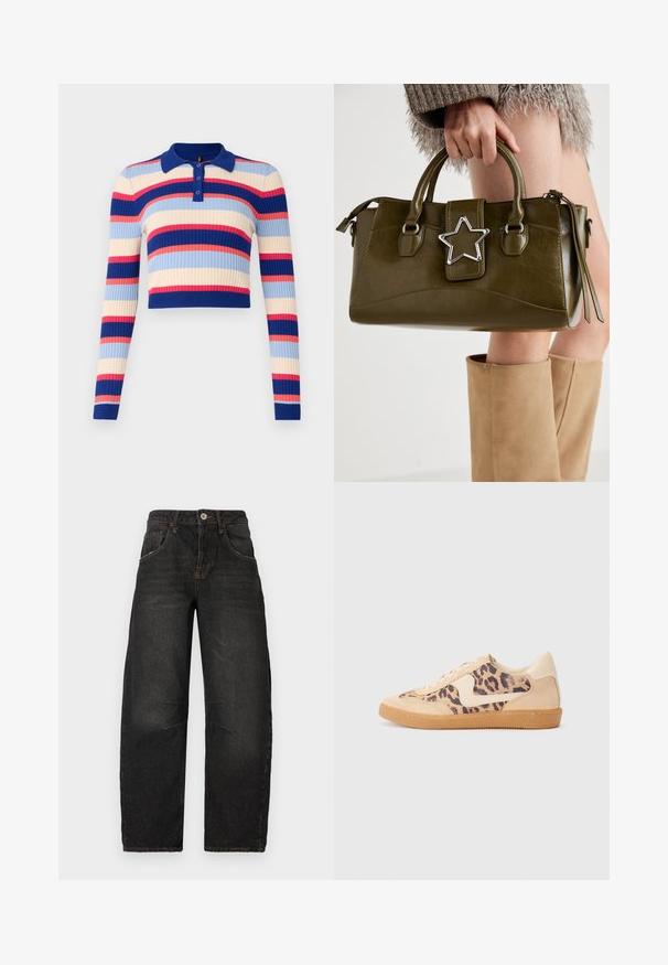 Gestreifter, kurzer Polo-Pullover mit langen Ärmeln, der horizontale Streifen in Blau, Creme, Pink und Rot aufweist. Mit einem Vier-Knopf-Verschluss am Kragen.; Schwarze Denim-Jeans im Straight-Leg-Design, mit fünf Taschen, sichtbaren Nähten und einem vorderen Knopfverschluss. Strukturierter Stoff mit leichter Ausbleichung.; Löwenmuster-Sneaker mit beige Wildleder-Obermaterial, tanfarbener Gummisohle und weißen Akzenten. Runde Zehenform und Schnürdesign mit strukturiertem Finish.; Olivgrünes Kunstlederhandtasche mit silbernem Sternakzent, doppelten Griffen und einem Reißverschluss. Strukturierten Form und texturierten Oberfläche.