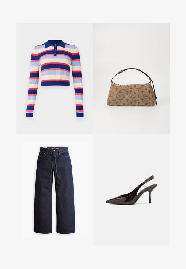 Geribbeld, cropped polo trui met lange mouwen met horizontale strepen in blauw, crème, roze en rood. Vierknopen sluiting bij de kraag.; Wijd pijpjes donkerblauwe denim jeans met een hoge taille, voorzien van een trekkoord, vijf zakken en contrasterende stiksels.; Slingback hoge hak schoen in glanzend donkerbruin patentleer, puntige neus, open zijkanten en verstelbare enkelband.; Bruine handtas met een patroon, van een gestructureerde stof, bruine leren schouderriem en een gouden logo detail op een beige achtergrond. Gebogen, gestructureerde vorm.