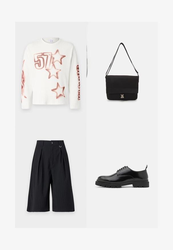 Biały sweter ribbed z dzianiny z czerwonymi wzorami w sprayu, w tym z numerem "57" i kształtami gwiazdek, z okrągłym dekoltem i skróconą długością.; Czarne spodenki w paski z plisami, z zapięciem na guzik i metalowym akcentem w postaci pierścionka. Gładki materiał, dobrze dopasowany krój oraz długość do kolan.; Czarne skórzane buty sznurowane z okrągłym noskiem, gładką teksturą i żłobioną gumową podeszwą. Posiadają mały obcas i pętlę z tyłu.; Czarna torba na ramię wykonana z gładkiego materiału, z klapą na złożeniu, srebrnymi zapięciami i regulowanym paskiem na ramię.