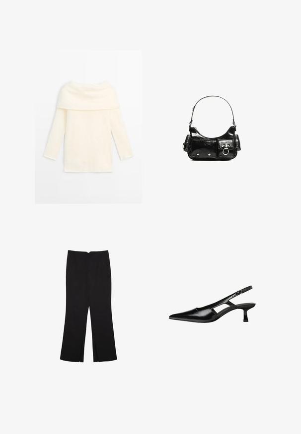 Off-white long-sleeve sweater with wide folded turtleneck collar, soft texture, and straight hem, laid flat on a white background.; Black trousers with a straight fit, featuring front pockets and side slits at the hem. Made of soft, smooth fabric. Suitable for various occasions.; Black patent leather slingback heels with a pointed toe, cut-out side design, and a small square heel. Smooth texture with minimal accents.; Black patent leather handbag with a curved shape, one shoulder strap, front pockets, and silver-tone hardware accents.