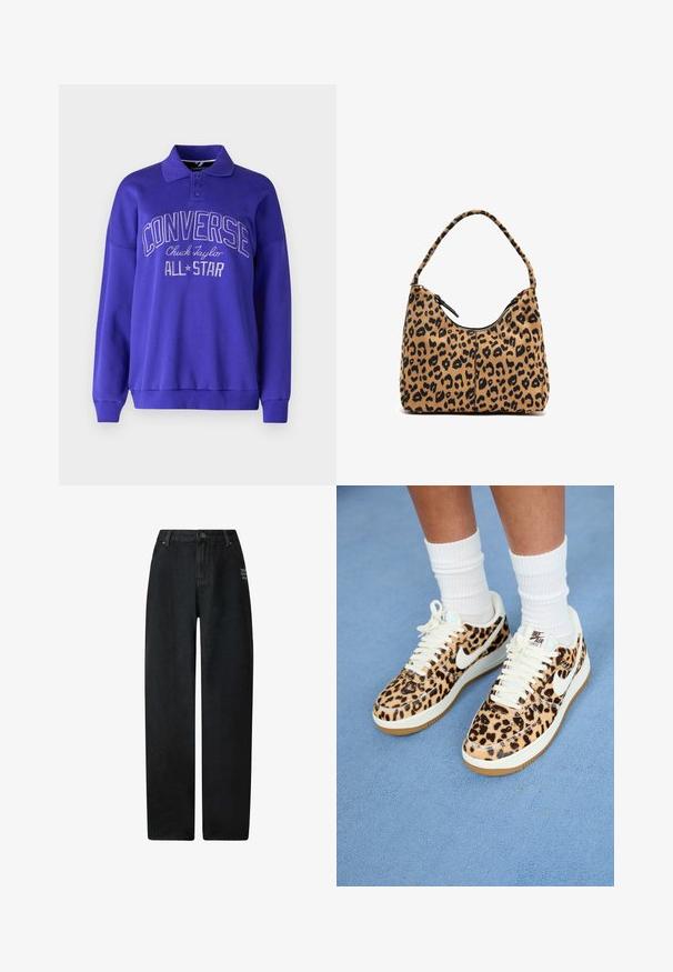 Felpa viola con colletto, maniche lunghe e polsini a costine. Presenta il testo in rilievo "CONVERSE Chuck Taylor ALL STAR" sul davanti.; Jeans a gamba larga in denim nero con vita alta, dotati di design a cinque tasche e un piccolo dettaglio ricamato sul davanti.; Sneakers Nike Air Force 1 con stampa leopardata, con lacci e swoosh bianchi, caratterizzati da una suola in gomma beige e una parte superiore testurizzata. Calze a compressione bianche visibili.; Borsa a tracolla con stampa leopardata e manico curvo, realizzata in morbido tessuto, con chiusura a zip sulla parte superiore e dettagli neri lungo i bordi.