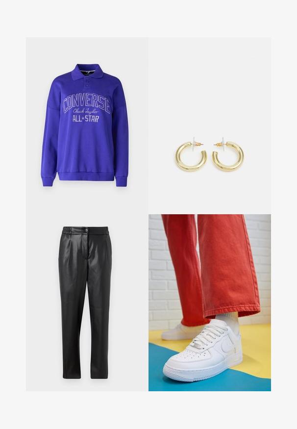 Violeta krāsa sporta krekls ar apkakli, garām piedurknēm un ribinātām aprocēm. Priekšpusē ir izcelts teksts "CONVERSE Chuck Taylor ALL STAR".; Melni ādas bikses ar gludu tekstūru, taisnu piegriezumu, elastīgu jostasvietu un priekšējo pogu aizdari; ar krokām un sašaurinātām kājām.; Baltās ādas kedas ar perforētu purngalu, teksturētu zoli un baltām auklām, apvienotas ar platām sarkanām biksēm un zilu un dzeltenu fona.; Zelta auskari ar gludu, spīdīgu apdari. Apaļš dizains, kas ietver mazu tapu un caurspīdīgu pamatni drošai valkāšanai.