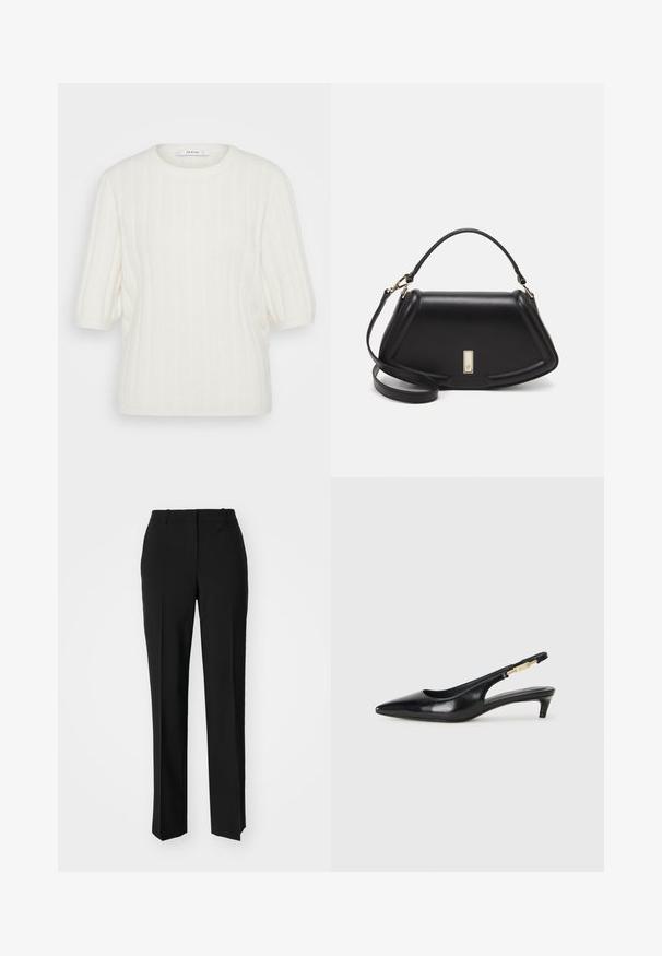 Pulover tricotat de culoare crem, cu o textură ribbată, mâneci scurte și guler rotund. Materialul pare moale și ușor texturat.; Pantaloni negri tailor-ed cu un design drept, având o textură fină și cute clare pe față. Fără elemente de prindere vizibile.; Sandale slingback din piele neagră cu vârf ascuțit, având un toc subțire și un accent de culoare aurie pe curea ajustabilă. Textură netedă.; Geantă de umăr din piele neagră, cu un design structurat, având o formă tăiată, mânere superioare și accente din aur. Include o curea de umăr ajustabilă.