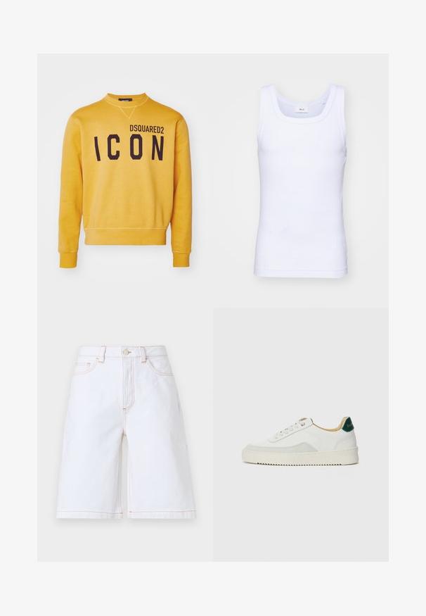 DSQUARED2 ICON COOL FIT CREWNECK - Mikina - sunflower; Bílé bavlněné tílko bez rukávů s kulatým výstřihem, s hladkou texturou a přiléhavým střihem, navržené pro volnočasové nošení.; Bílé džíny šortky s rovný střih, pěti kapsami a kontrastním béžovým prošíváním. Obsahují přední zapínání na knoflík a zip.; Bílé tenisky se semišovými prvky, kulatou špičkou, plochými tkaničkami a krémovou gumovou podrážkou. Na patě mají zelené logo.