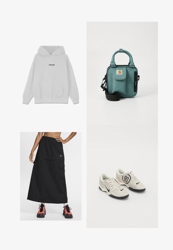 White hoodie with a front pocket and a drawstring hood. Features black "PEGAODR" text centered on the chest. Soft, cotton blend material.; Black athletic maxi skirt with elastic waistband, featuring a front pocket and a Nike logo. Worn with colorful athletic shoes.; Nike sneakers with a beige and gray textured upper, black accents, a large "90" logo, and a white lace-up closure. Black sole.; Teal fabric crossbody bag with short handles, zippered pocket, front flap pocket, adjustable strap, and Carhartt logo on front.