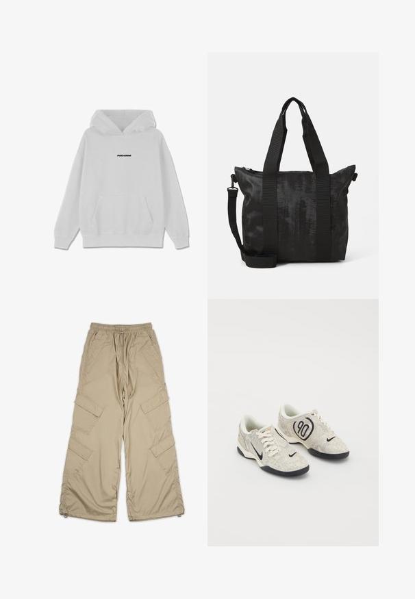 Bílá mikina s kapucí a přední kapsou. Uprostřed hrudi je černý nápis "PEGAODR". Měkký materiál z bavlněné směsi.; Béžové cargo kalhoty s elastickým pasem, několika bočními kapsami a volným střihem. Vyrobeny z lehké, hladké tkaniny se švy.; Nike tenisky s béžovým a šedým texturovaným svrškem, černými akcenty, velkým logem "90" a bílým šněrováním. Černá podrážka.; Černá taška přes rameno s texturovanou tkaninou, dvojitými rukojeťmi a odnímatelným ramenním popruhem. Disponuje zipovým uzávěrem pro bezpečné uložení.