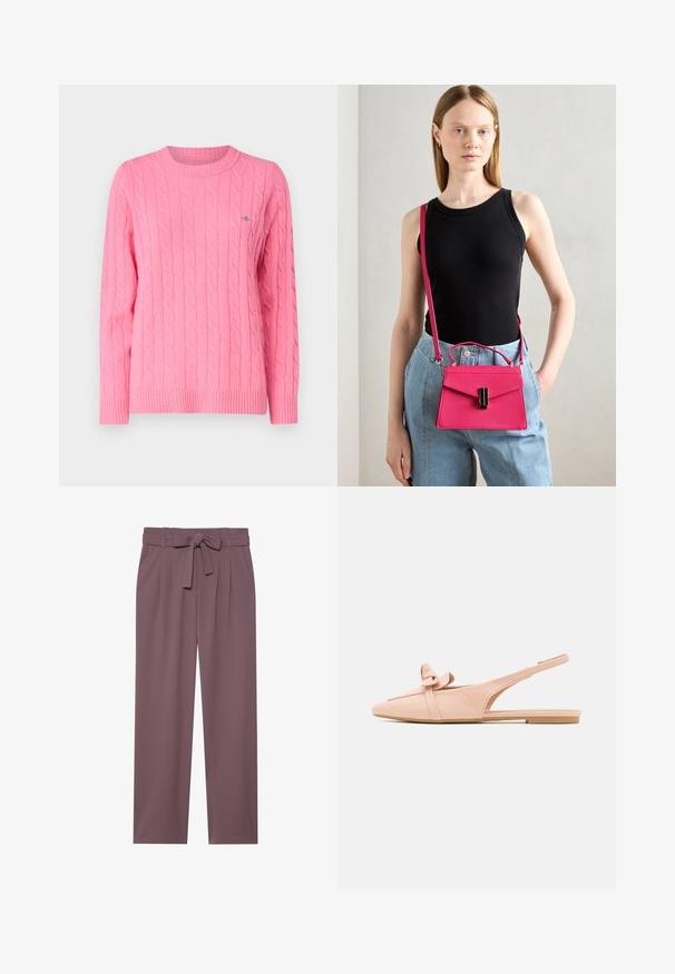 GANT CABLE C-NECK - Strickpullover - candy pink; Weinrote, weite Hosen mit einem taillierten Bund, gefaltetem Vorderteil und glatter Textur. Sie verfügen über Taschen an den Seiten und ein maßgeschneidertes Design.; Nude Leder Slingback-Ballerinas mit spitzem Zehenbereich, Schleifenakzent und minimalistischem Riemendesign. Glatte Textur und schlanke Silhouette.; Rosa strukturierte Handtasche mit Klappenverschluss und schwarzen Akzenten. Als Umhängetasche mit langem Tragegurt getragen. Glatte Textur.
