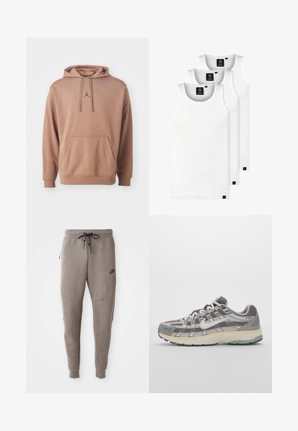 Jordan Mikina s kapucňou - archaeo brown black; Tri biele rebrované tielka vyrobené z bavlny. Majú okrúhly výstrih a malé čierne štítky pri leme. Dostupné v rôznych veľkostiach.; Sivé tepláky Nike s nastaviteľným pásom, zúženými nohavicami, bočnými vreckami a výrazným švom. Mäkká, textúrovaná látka.; Šedá športová obuv so zvrškom z nylonu a semišu, bielymi akcentmi, polstrovanou podrážkou a jedinečným dizajnom s reflexnými prvkami.