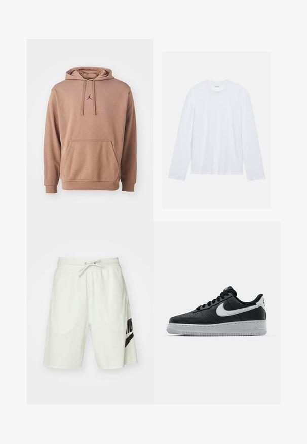 Jordan Kapuzenpullover - archaeo brown black; Weißes Langarm-T-Shirt aus Baumwolle. Es hat einen klassischen Rundhalsausschnitt und abfallende Schulternähte, mit einer glatten, einfarbigen Textur.; Helle graue Baumwollshorts mit einem elastischen Bund, verstellbarem Kordelzug und einem schwarzen Nike-Logo auf der linken Seite.; Schwarze Ledersneaker mit strukturierten Oberflächen, weißem Nike-Swoosh, grauer Sohle, runder Zehenpartie und Schnürdesign. Verfügt über Perforationen an der Zehenbox.