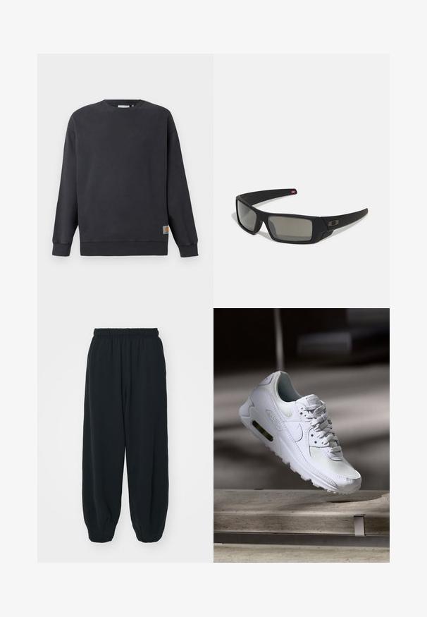 Dark gray crewneck sweatshirt with ribbed cuffs and hem. Features a small woven logo label on the lower left side. Cotton material, smooth texture.; Black, elasticated-waist sweatpants with a loose fit, cuffed ankles, smooth texture, and no visible patterns or hardware accents.; White Nike Air Max 90 sneaker featuring a mesh and leather upper, perforated toe box, and a visible air unit in the heel.; Black sunglasses with a matte finish, rectangular lenses, slight curve on temples, subtle logo detail, and smoke-tinted lenses.