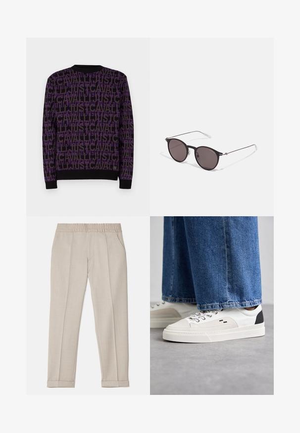 Pull noir arborant un motif unique de texte violet et gris en répétition. Le col rond et les poignets côtelés rehaussent le design.; Filippa K TERRY CROPPED TROUSERS - Pantalon classique - sage melange; Baskets blanches et noires avec une tige en cuir lisse, des accents texturés et une semelle épaisse blanche. Présentent un design classique à lacets.; Lunettes de soleil noires rondes avec verres sombres et branches en métal fines. Comprend des embouts transparents et des accents argentés au niveau de la charnière. Design minimaliste.