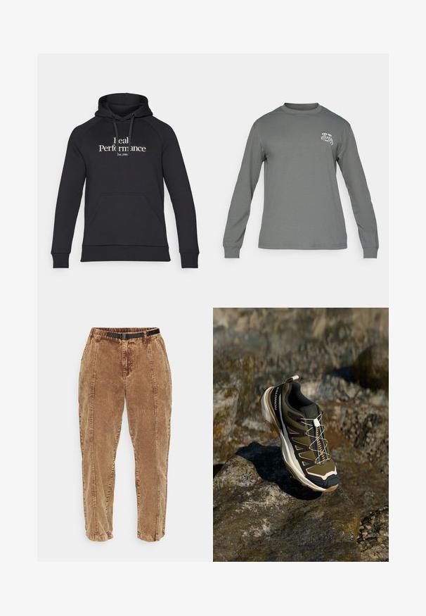 Črna kapuca iz mehkega blaga, s kenguru žepom, rebrastimi manšetami in belim napisom "Real Performance" z "est. 1986" spodaj.; Srajca z dolgimi rokavi iz sive tkanine, z okroglim ovratnikom in belim grafičnim logotipom na levem prsnem delu. Gladka tekstura in preprost dizajn.; Rjave kordurojske hlače z teksturirano površino, opremljene z nastavljivim črnim pasom, stranskimi žepi in sproščenim krojem. Hlače se ozko prilagajajo gležnjem.; Pohodni čevlji v olivno zeleni in črni barvi s poudarki v roza. Imajo teksturirano zgornji del, fleksibilno podplat, ojačan zaščitni del za prste in barvit sistem vezalk.